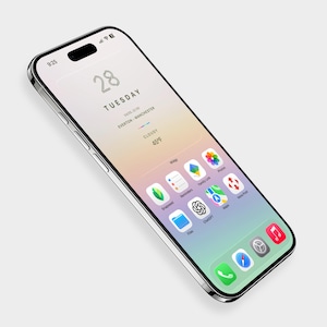 Puede incluir: Un smartphone plateado con una pantalla degradada que muestra iconos de aplicaciones y la fecha, martes 28. La pantalla muestra la hora 9:25, informaci&oacute;n meteorol&oacute;gica e iconos de aplicaciones. El tel&eacute;fono tiene un dise&ntilde;o elegante y moderno.