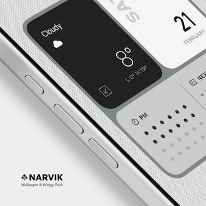 May include: A smartphone screen showing a custom widget design with a black and white theme. The interface displays weather details, time, and date. The screen includes the text "Cloudy", "8&deg;", "21 February", and "PM". The phone's side with buttons is visible, with the text "NARVIK Wallpaper & Widgy Pack".