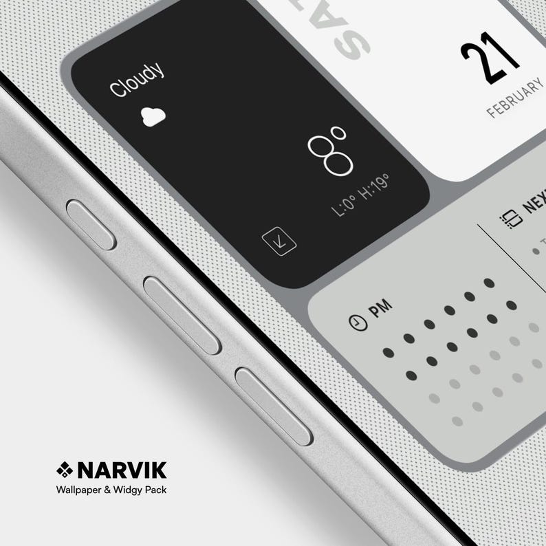 May include: A smartphone screen showing a custom widget design with a black and white theme. The interface displays weather details, time, and date. The screen includes the text "Cloudy", "8&deg;", "21 February", and "PM". The phone's side with buttons is visible, with the text "NARVIK Wallpaper & Widgy Pack".