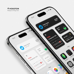 Könnte beinhalten: Zwei Smartphones mit angepassten Startbildschirmen, die Widgets anzeigen. Die Bildschirme zeigen Wetter, Akkustand, einen Kalender und App-Symbole. Der Text "HOUSTON Wallpaper & Widgy Pack" ist sichtbar.