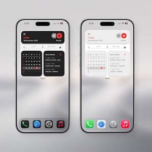 May include: Two smartphones displaying a custom widget interface. The widgets show calendar, weather, and activity data. The interface is primarily black and white with red accents. The bottom of the screen shows app icons.