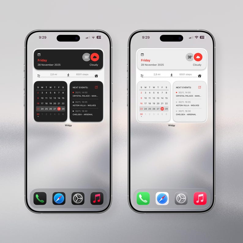 May include: Two smartphones displaying a custom widget interface. The widgets show calendar, weather, and activity data. The interface is primarily black and white with red accents. The bottom of the screen shows app icons.