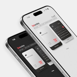 Op de afbeelding: Twee smartphones met een weer-app-interface. De ene heeft een zwarte achtergrond met een rode "Saturday"-kop en een voorspelling van 25.5 graden Celsius. De andere telefoon heeft een witte achtergrond met dezelfde weersinformatie.