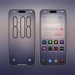 May include: Two smartphones with a gradient purple background. The left device displays a lock screen with a large digital clock reading 8:08 and the date Sat Jul 11. The right device shows a home screen with a weather and calendar widget.