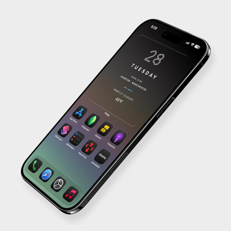 Puede incluir: Un tel&eacute;fono inteligente negro con una pantalla degradada que muestra iconos de aplicaciones y un widget que muestra la fecha, la hora y el clima. La pantalla muestra la fecha como el 28, martes, con una temperatura de 7&deg;C.