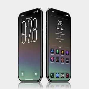 Puede incluir: Dos smartphones negros con pantallas que muestran la hora, la fecha e iconos de aplicaciones. Uno muestra "9:28" y "Tue Apr 28". El otro muestra "28 TUESDAY" e informaci&oacute;n meteorol&oacute;gica. Los tel&eacute;fonos tienen un fondo degradado.