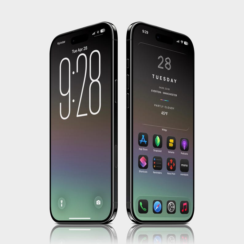 Puede incluir: Dos smartphones negros con pantallas que muestran la hora, la fecha e iconos de aplicaciones. Uno muestra "9:28" y "Tue Apr 28". El otro muestra "28 TUESDAY" e informaci&oacute;n meteorol&oacute;gica. Los tel&eacute;fonos tienen un fondo degradado.