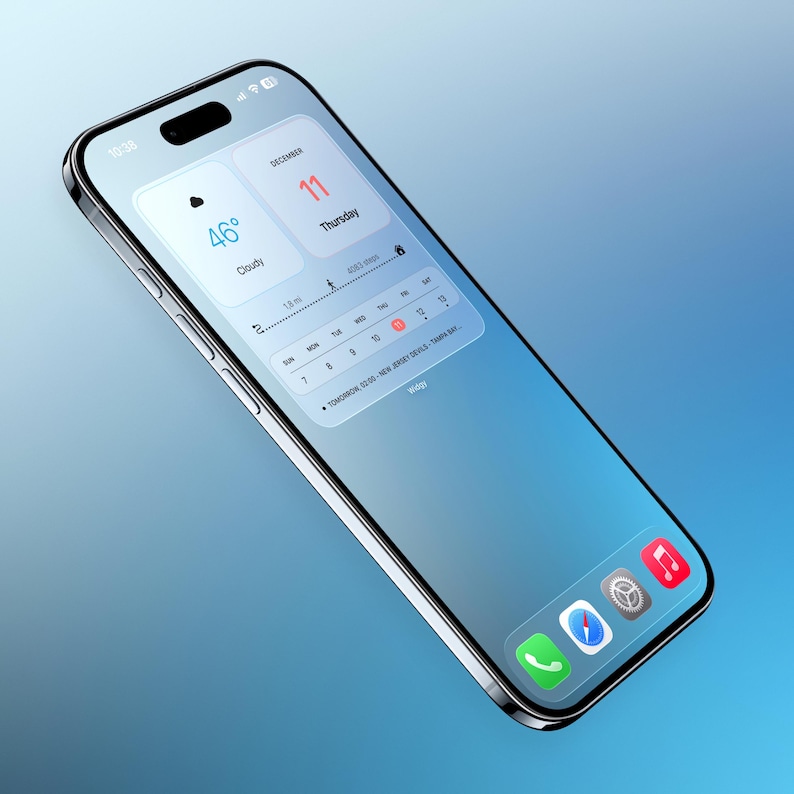 May include: A silver smartphone with a bright blue screen displaying a weather widget showing 46 degrees and cloudy conditions. The screen also shows a calendar and app icons. The phone is angled against a gradient blue background.