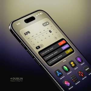 May include: A smartphone displaying a custom home screen with a calendar widget showing April dates and a weather indicator. The screen features app icons and event details. The phone is black with a gradient background. The text "DUBLIN Wallpaper & Widgy Pack" is visible.