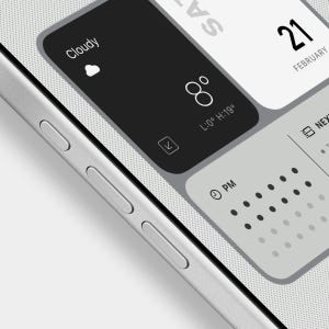 May include: A smartphone screen showing a digital interface with weather details, temperature, and date. The display reads "Cloudy", 8 degrees, and February 21. The phone has silver buttons on the side. The temperature is displayed in degrees Celsius.