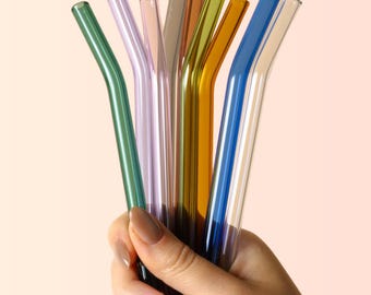 Mini Colorful Reusable Glass Drinking Straws - 10 Piece Set with Cleaning Brushes