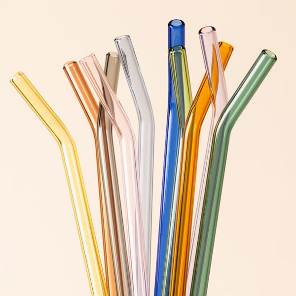 Colorful Reusable Glass Drinking Straws - 10 Piece Set with Cleaning Brushes