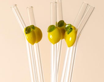Lemon Love Reusable Glass Drinking Straws - 6 Piece Set with Cleaning Brushes