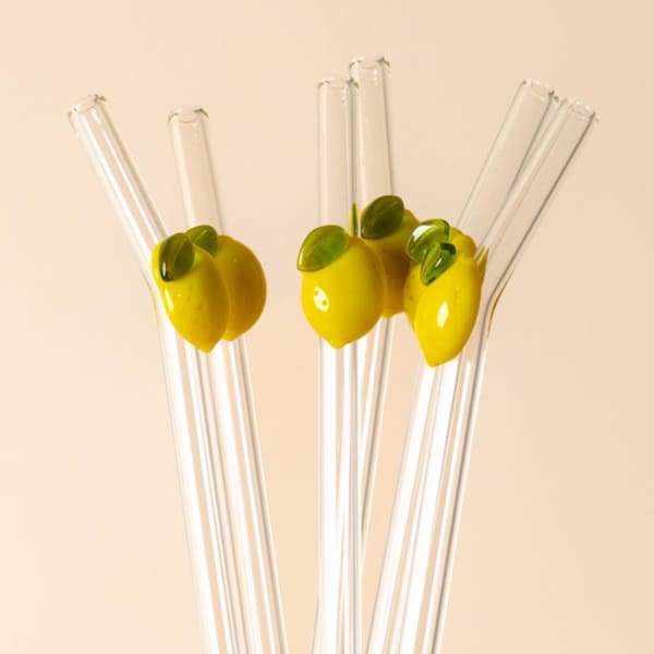 Lemon Love Reusable Glass Drinking Straws - 6 Piece Set with Cleaning Brushes