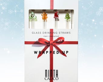 Holiday Themed Seasonal Reusable Glass Drinking Straws - 4 Piece Set with Cleaning Brush