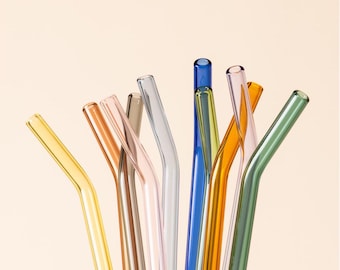 Colorful Reusable Glass Drinking Straws - 10 Piece Set with Cleaning Brushes