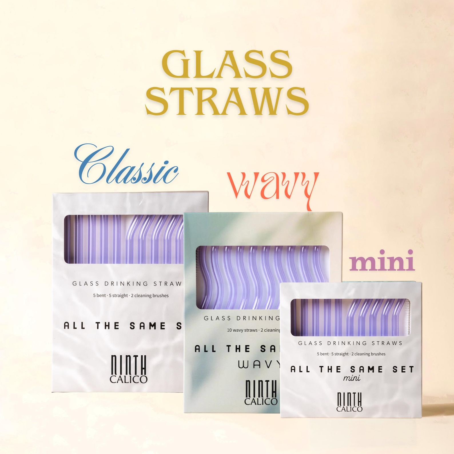 Colorful Reusable Glass Drinking Straws - 10 Piece Set with Cleaning Brushes - Light Purple, Wavy Set