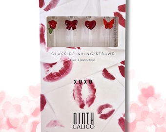 Holiday Themed Seasonal Reusable Glass Drinking Straws - 4 Piece Set with Cleaning Brush
