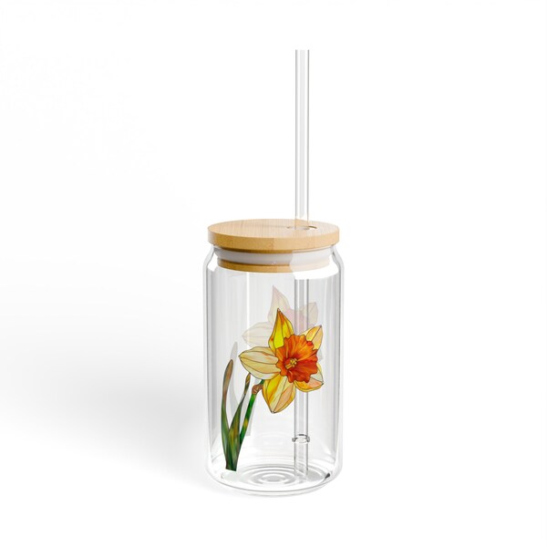 Daffodil Sipper Stained Glass Floral Art Smoothie Glassware Gift For Friend Summer Drinkware Wood Cup Glass Straw Stained Glass Art Gift