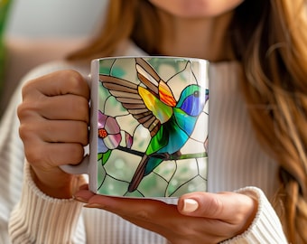 Taza de vidriera de colibrí, taza encantadora para entusiastas de las aves, regalo artístico para admiradores de la naturaleza, taza de café decorativa de colibrí