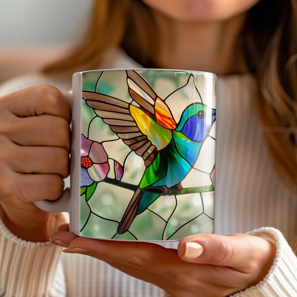Hummingbird Stained Glass Mug Delightful Cup for Bird Enthusiast Artistic Gift for Nature Admirer Decorative Hummingbird Coffee Mug