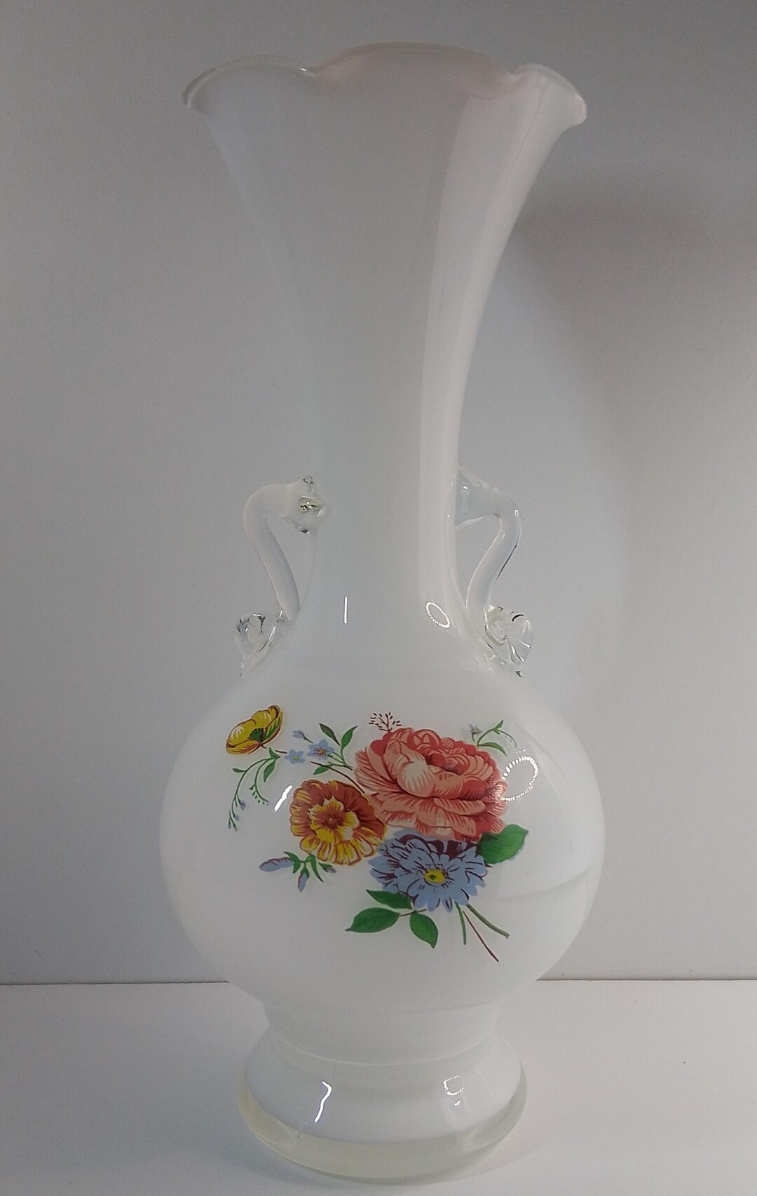 Incased Vintage White Incased, Glass Vase. Taiwan. Applied Handles. Floral ...