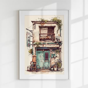 May include: A watercolour illustration of a small, two-storey building with a green door and a sign that reads "復古相機店". The building is surrounded by plants and has a vintage aesthetic.