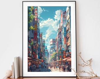 Digitaltryck av livfull stadsbild av Tokyo, Japan - Shinjuku-silhuetten med färgglada skyltar