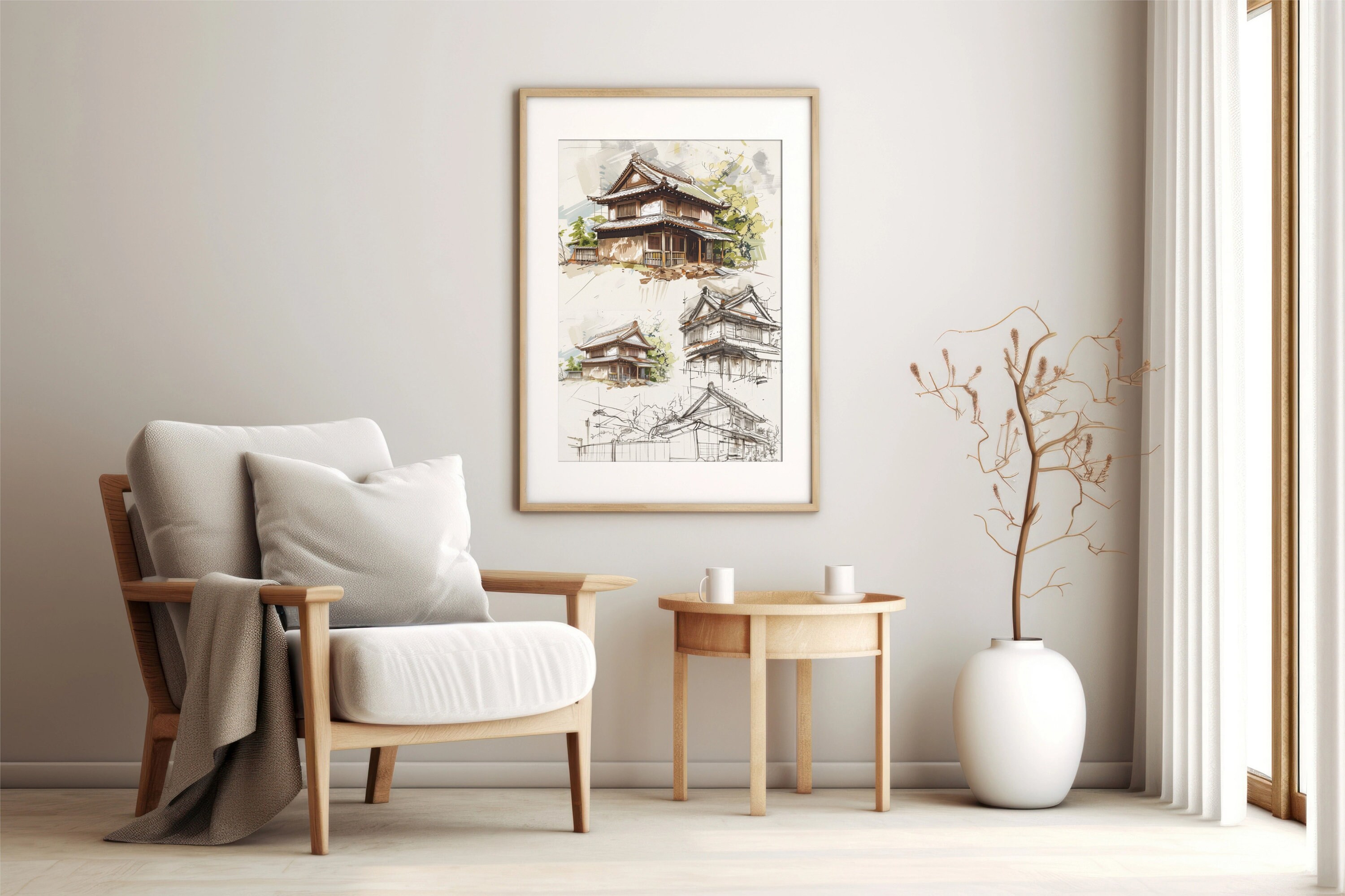 Japanese House Sketch Art Print: Crosshatch Illustration (digital