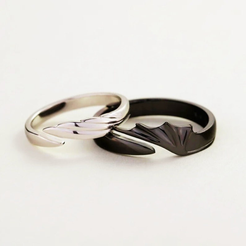 Discover Dragon Magic with Matching Rings Set Silver & Black Couple Rings, Mythical Jewelry for Couples, Unique His and Hers Dragon Bands image 1