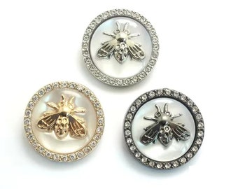 Bee Chic: Set of 5 Metal Rhinestone Buttons - Gold/Silver/black - Sewing Embellishments for Blazers, Jackets, Coats, and Sweaters