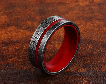 Viking Red Wood Ring for Men - Nordic Mythology Runes - Vintage Norse Style Wedding Band - Birthday Gift Idea for Him - Handcrafted Jewelry