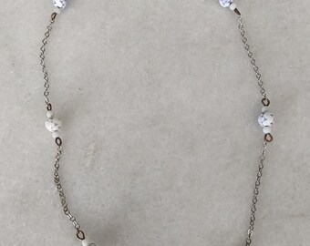 Vintage Choker Necklace - Blue Rose Beaded Silver Tone Chain - EE115