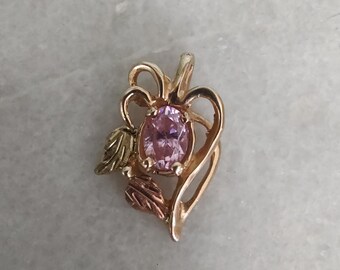 10K Black Hills Gold Pendant Pink Ice Stone Center Leaves Green Pink Approx 7/8&quot; Tall 9/16&quot; Wide Swirl Leaf Floral Heart -EE167
