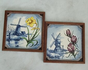 Vintage 1970's Holland Windmill Tulip Daffodil Tiles - EO23