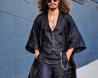Herren Leinen Kimono - Übergroße Strickjacke im japanischen Stil, Boho Festival Kleidung