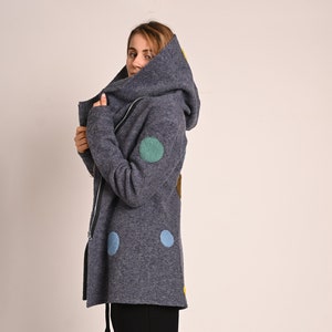 Handmade Wool Cardigan with Polka Dots Accents, Collar Hood and Asymmetrical Zipper