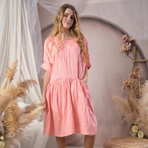 Pink Linen Dress, Loose Linen Dress, Summer Midi Dress, Flared Tunic , Boho Linen Dress, Maxi Tunic Women, Bridesmaid Loose Dress