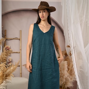 Dark Green Linen Maxi Dress, Simple Elegant Long Linen Dress with V-Neck & Pockets, Minimalist Linen Clothing Women, Sleeveless Maxi Dress