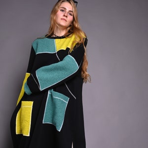 Handgemachte Schwarze Gesteppte Tunika Kleid, Wolle Patchwork Artwear, Übergroße Winter Kleidung