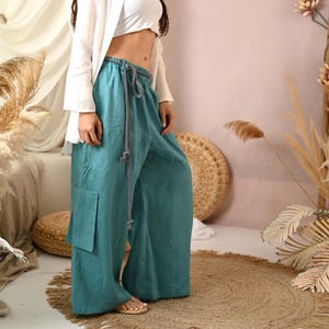 Deep Green Linen Pants, Wide Leg Linen Cargo Trousers with Elastic Waist, Side Pockets, Women’s Boho Summer Pants, Linen Palazzo Pants,