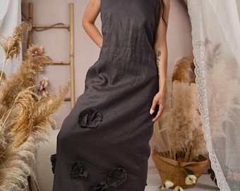 Vestido largo de lino gris oscuro, estilo bohemio con espalda descubierta, caftán de verano con bolsillos.