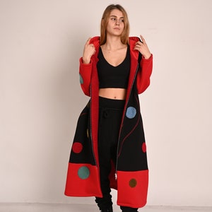 Black Red Quilted Coat with Appliqué Dots and Oversized Padded Hood, Handmade Zip Up Winter Jacket, Fall Winter Coat, Long Plus Size Coat