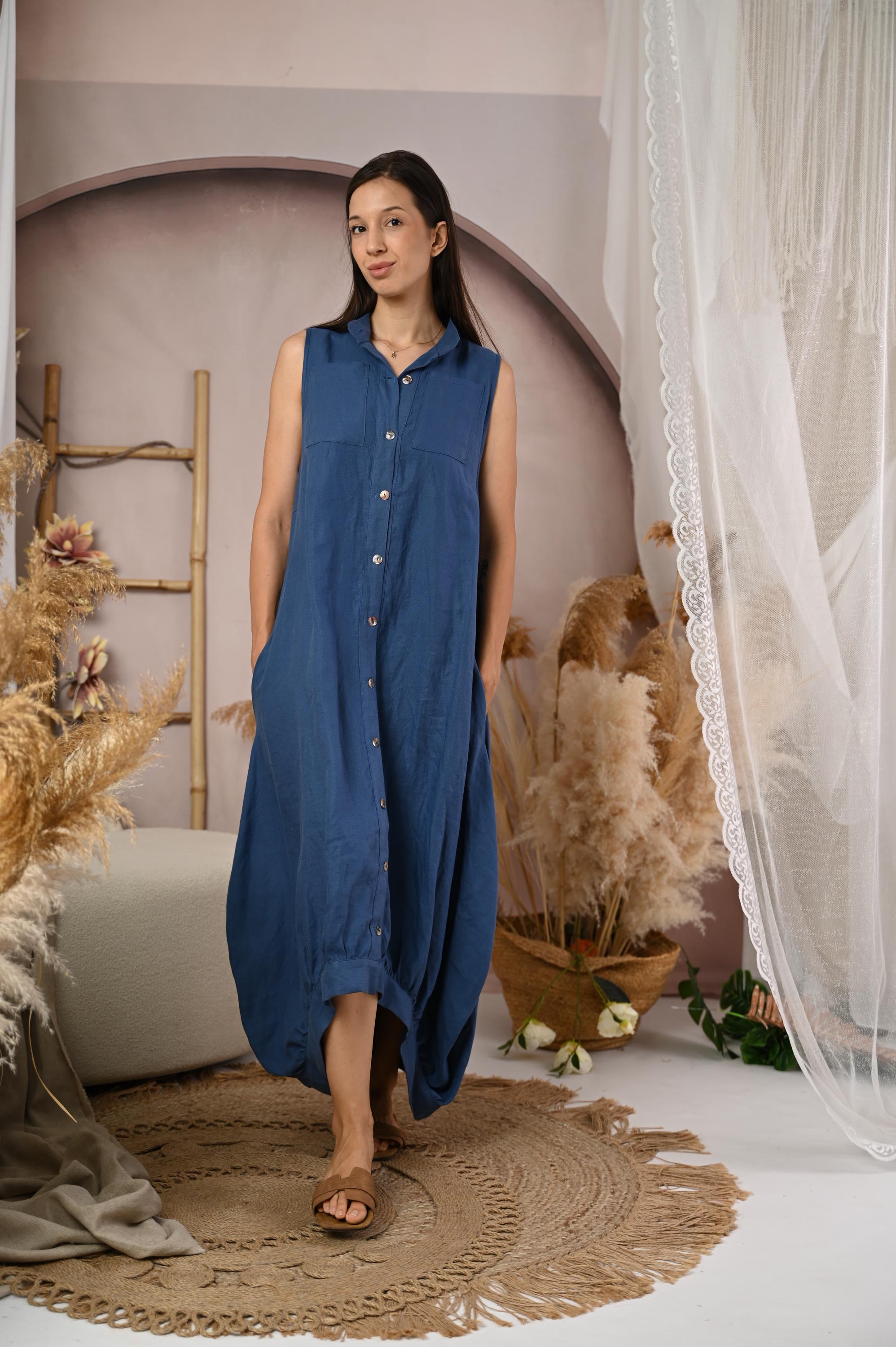 Handmade Navy Linen Maxi Dress, Sleeveless Boho Caftan