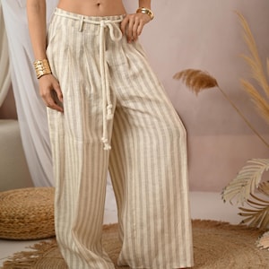 Striped Linen Palazzo Pants, Beige Wide Leg Trousers with Zipper & Side Pockets, Elegant Natural Summer Wear, Linen Palazzo Pants, Loose Fit