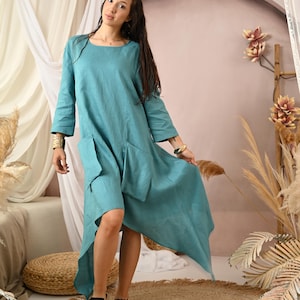 Long Linen Tunic with Pockets, Asymmetrical Loose Fit Linen Top, Deep Blue Boho Tunic, Minimalist Linen Tunic for Women, Linen Summer Wear