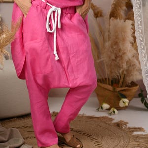 Pink Linen Harem Pants Women, Loose Fit Dropped Crotch Pants with Elastic Waist & Side Pockets, Minimalist Linen Trousers, Drop Crotch Pants