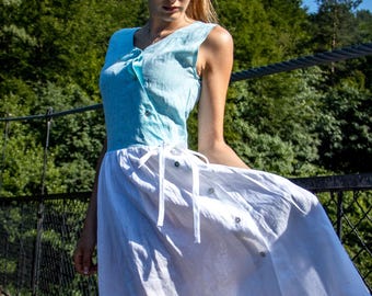Blue White Linen Dress, Sleeveless Midi Dress, Asymmetrical Button Dress, V Neck Linen Dress, Boho Summer Dress, Wedding Guest Dress