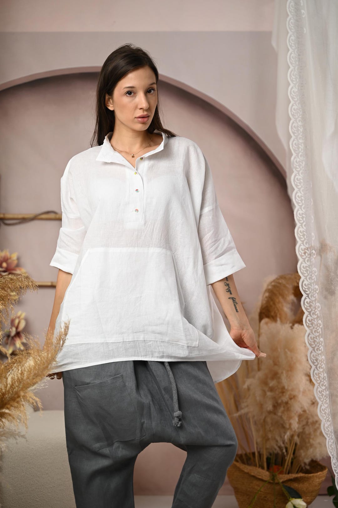 White Linen Shirt Women, Loose Asymmetrical Blouse With Stand Collar — free download