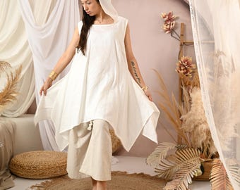 White Linen Asymmetrical Hooded Tunic, Sleeveless Boho Top